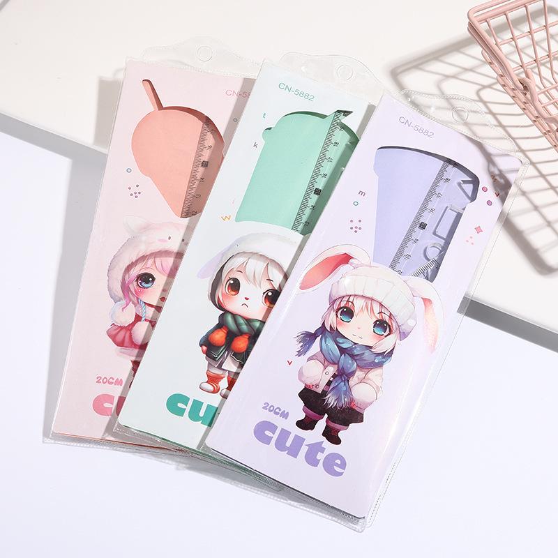 Cartoon Stationery Set: 4-Piece 20cm Ruler, Triangle Ruler, Cute Multi-Functional Protractor for Students