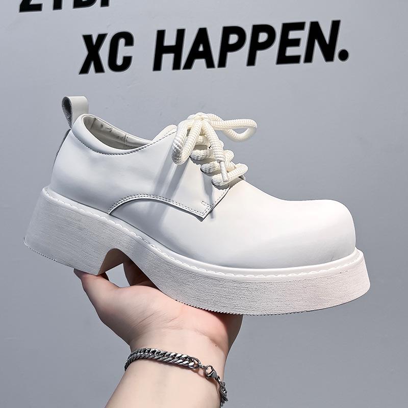 Men's Trendy British Style White Leather Lace-Up Shoes - Round Toe, Thick Sole, Business Casual (Model 24308-A)