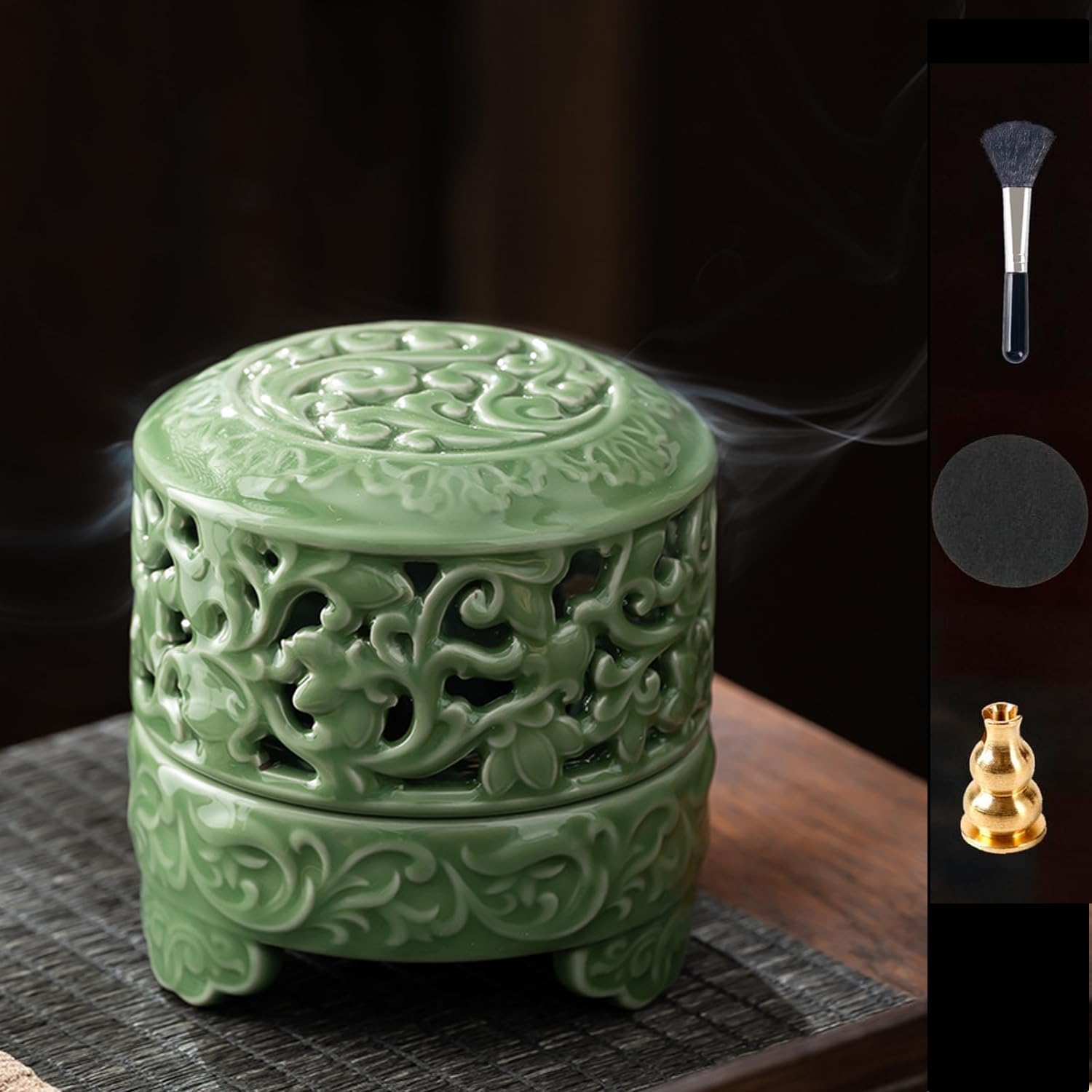 Incense holder, incense burner, celadon ceramic with wisteria vine pattern and openwork design. A traditional Arabian-style incense burner with a vine