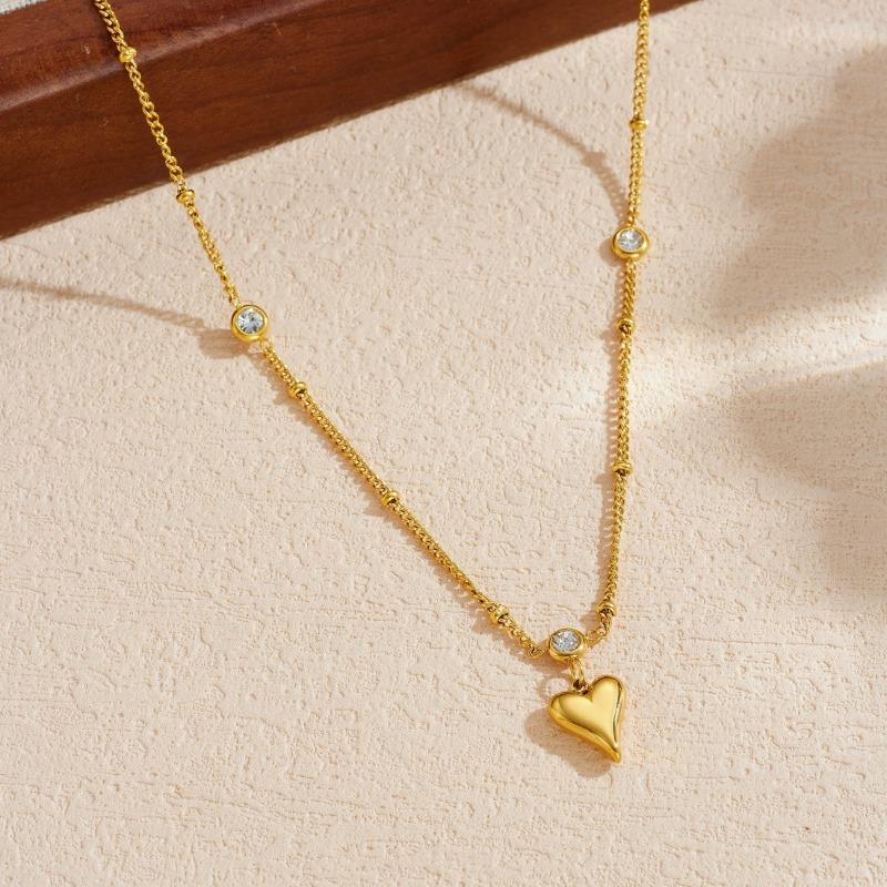 Gold Beaded Chain Necklace with Puffed Heart Pendant and Crystal Accents