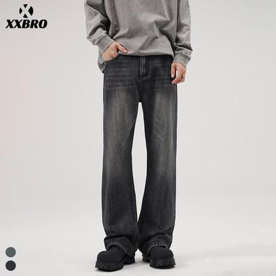 Xxbro Men's American High Street Washed Bamboo Cotton Wide-Leg Flared Jeans