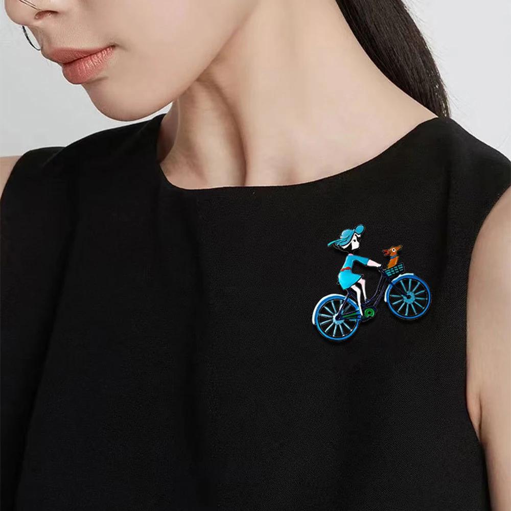 Japanese Cute Puppy With Girl Bicycle Brooches for Women Casual Creative Alloy Brooches For Ladies Female Jewelry Gifts