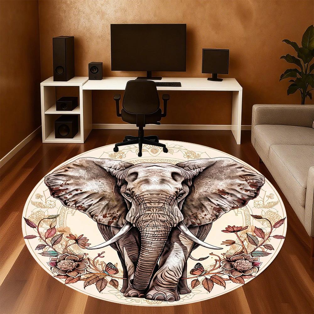 1PC Elephant Flowers Office Round Area Rug, Under Office Chairs Bedroom Living Room Home Decor, Carpet for Office -1110035