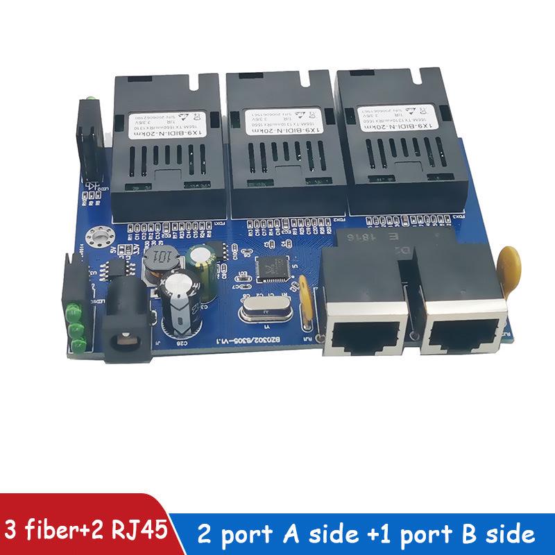 100M Gigabit Fiber Optic Transceiver with 3 Optical and 2 Electrical Switches PCBA