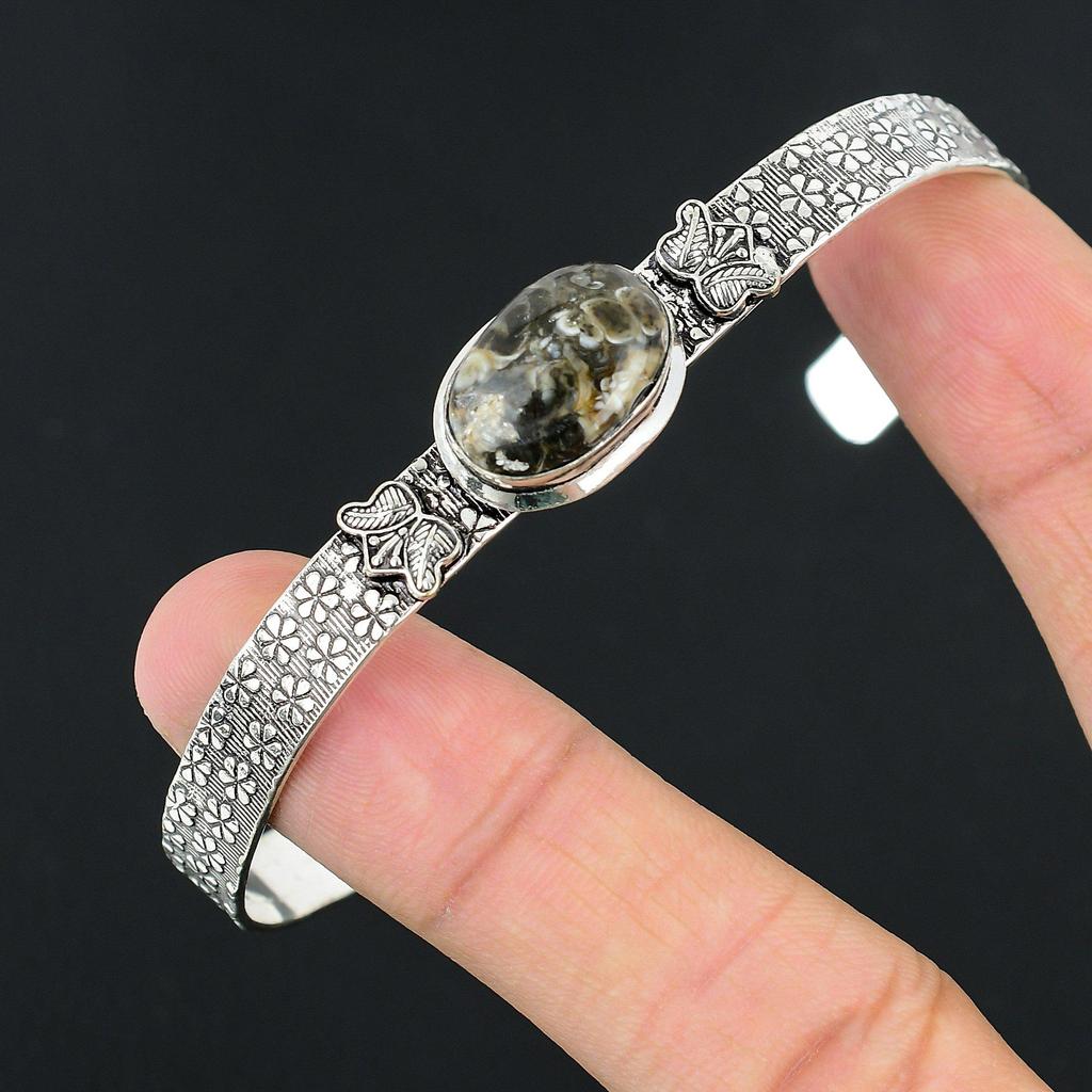 Sterling Silver Oval Turritella Agate Stone Elegant Engagement Bangle Jewelry