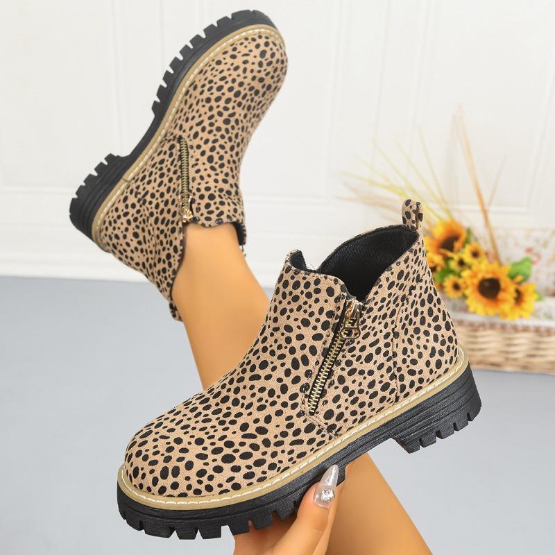 Plus Size Leopard Print Platform Martin Boots 2025 Winter New Side Zipper Round Toe Booties for Women