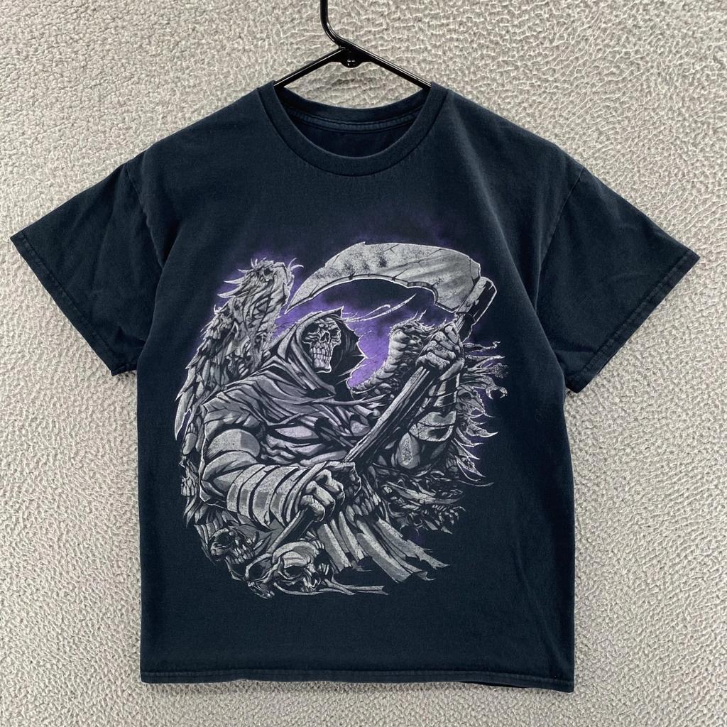 VINTAGE Grim Reaper T Shirt Men Medium Black Graphic Gothic Horror Skull Scythe