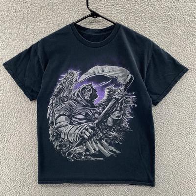 T-shirt VINTAGE Mietitore Uomo Media Nera Grafica Gotica Horror Teschio Falce