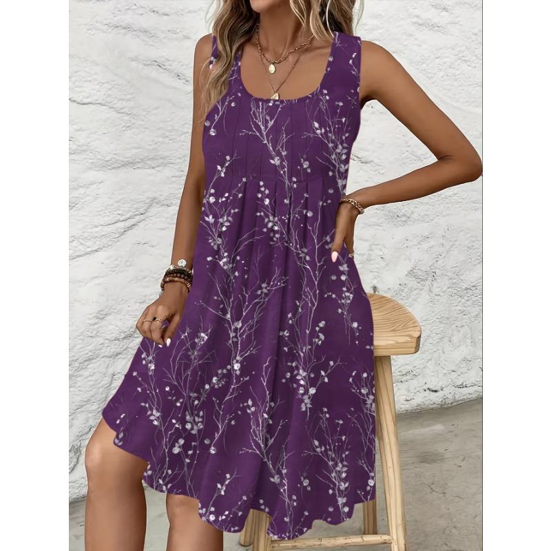 [Printed Dress - Not Faux Denim Fabric]Elegant Spring And Summer New Floral Print Faux Denim