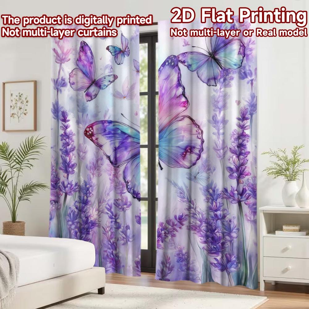 2D flat printing 2pcs Curtain Scene Curtains Butterflies and Lavender Flowers Digital Printed Polyester Drapes Family Party