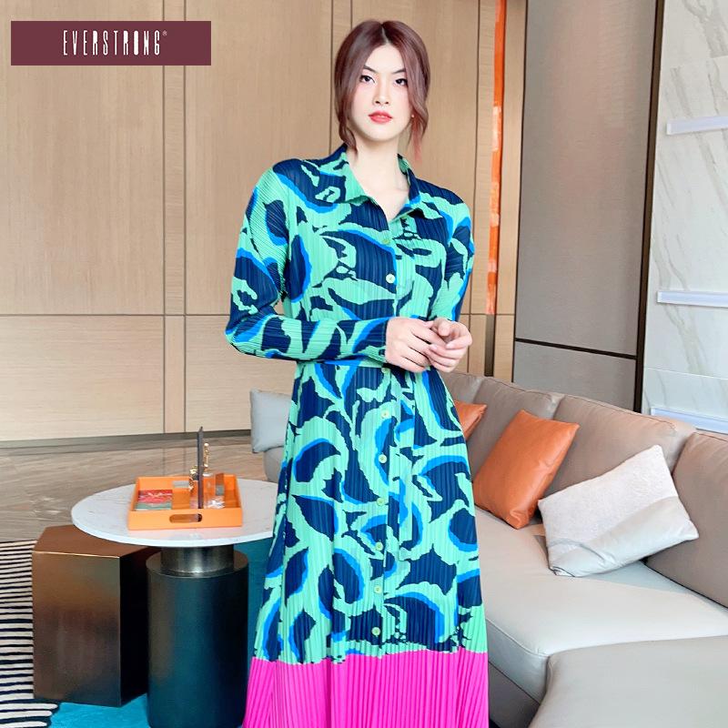 

Летнее плиссированное лоскутное платье с принтом для женщин, повседневные женские платья с отворотами и длинными рукавами, одежда One size небесно-голубой