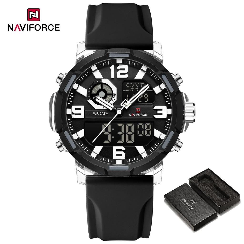 NAVIFORCE Original Men Dual Time Watch Quartz Movement LCD Digital Silicone Strap Waterproof Calendar Date Night Pattern Men Watch NF7130