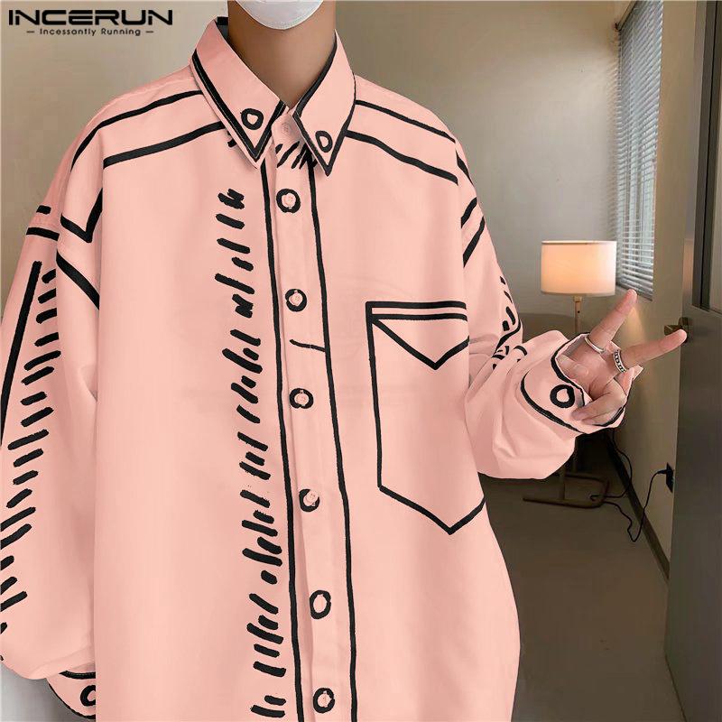 

INCERUN Летние мужские рубашки с отложным воротником, длинным рукавом и принтом в виде линий, повседневные, оверсайз 5XL розовый