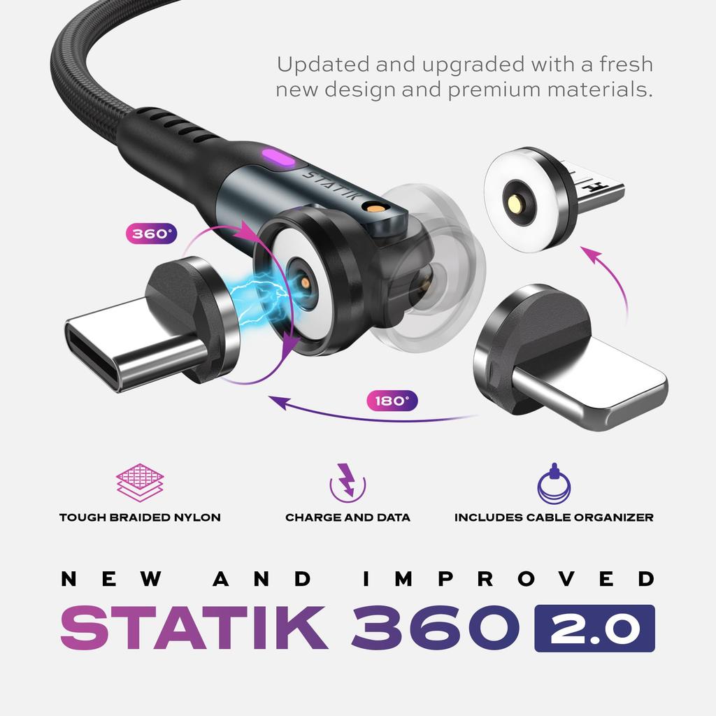 STATIK 360 Magnetic Charging Cable Type C Charger 3 In 1 USB C To USB C Micro USB iProduct Tip USB iProduct Tip USB A Phone Charging Cord Compatible