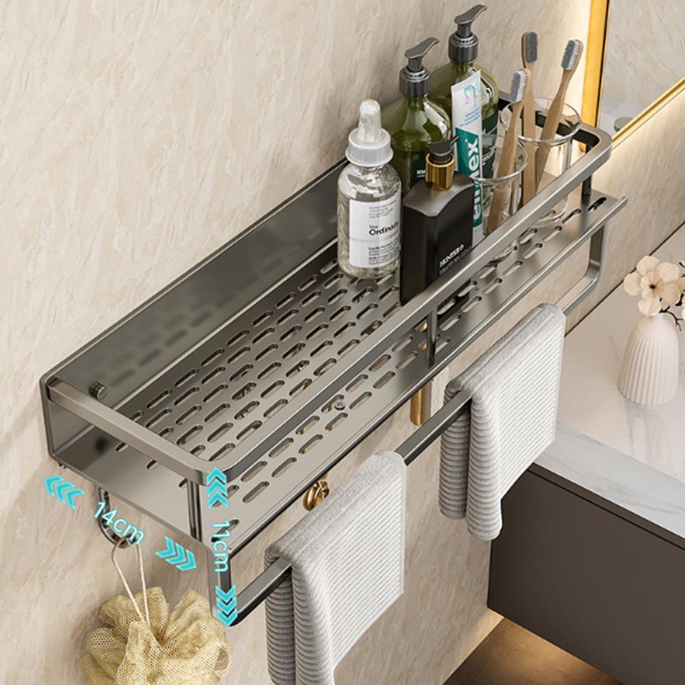 50cm Bathroom Storage Rack with Hooks and Towel Bar Wall Mounted No Drill Ventilated Draining Organizer