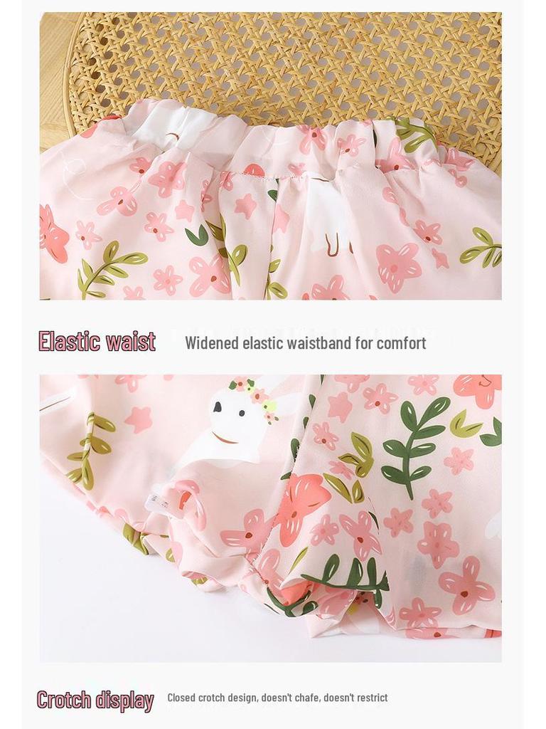 Sommer 2026 Niedliches Puppenkragen Kaninchen Blumen-Bubble-Hosen-Set für Kleinkind-Mädchen