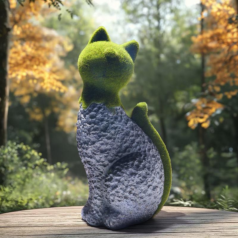 Flocked Sitting Cat Sculpture - Resin Craft Decorative Figurine, Garden Decoration, Horticultural Ornament