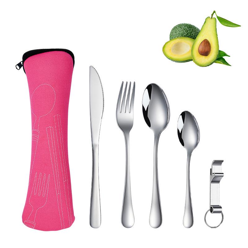 Stainless Steel Travel Cutlery Set: Knife, Fork, Spoon, Bottle Opener with Portable Storage Bag for Outdoor Camping
