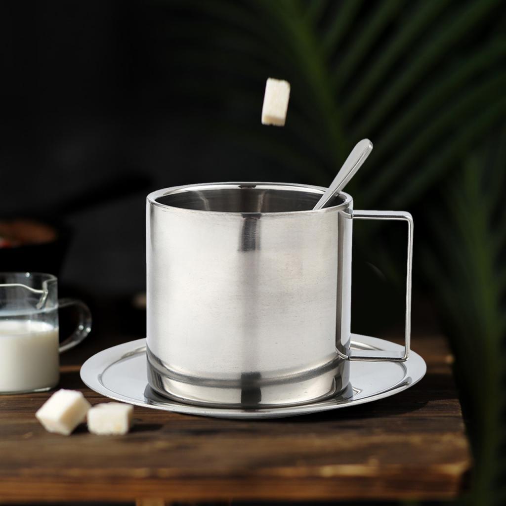 Coffee Mug Set with Plate and Spoon Stainless Steel Coffee Mug Vietnamese Coffee Cup Portable Milk Cup Double Walled for Cafe