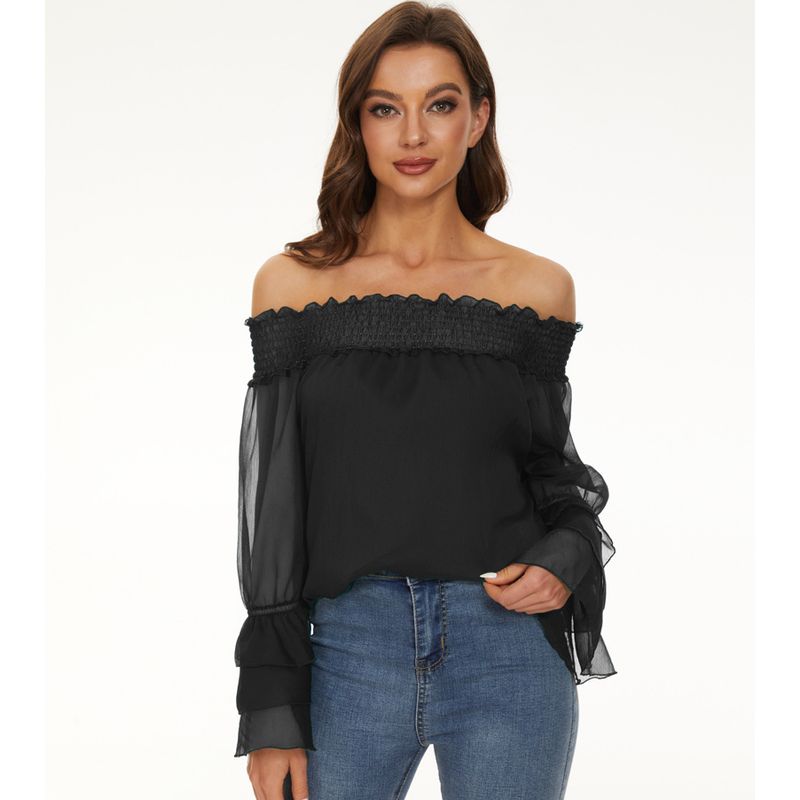 2022 New One Word Neck Casual Long Sleeve Chiffon Shirt Top