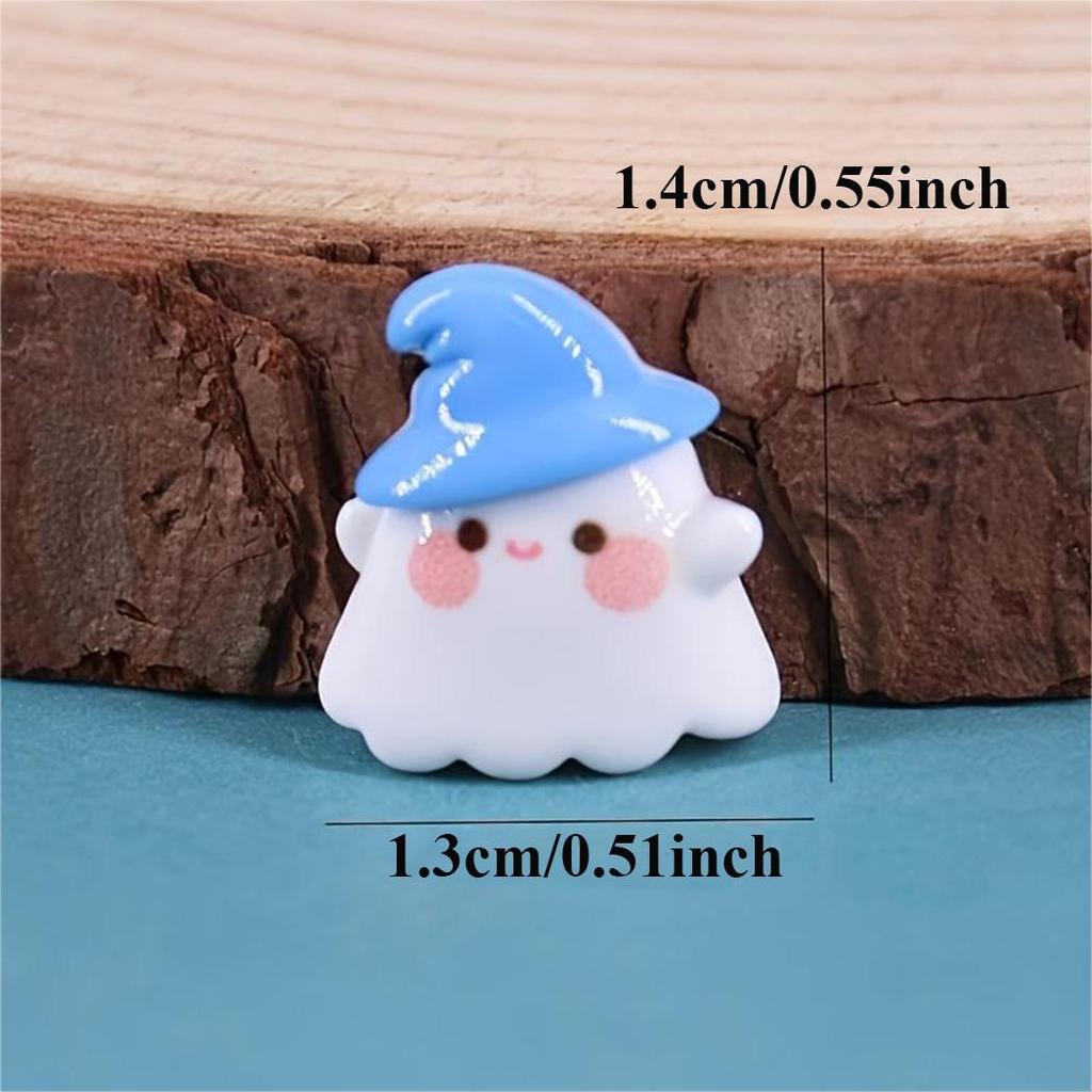 A pack of 12 adorable Halloween ghost resin accessories for DIY hair clips and decorations, including shoe buckles, hat patches,
