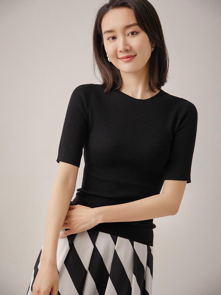 

Женский приталенный свитер с коротким рукавом из мериносовой шерсти - Однотонный пуловер с круглым вырезом XL