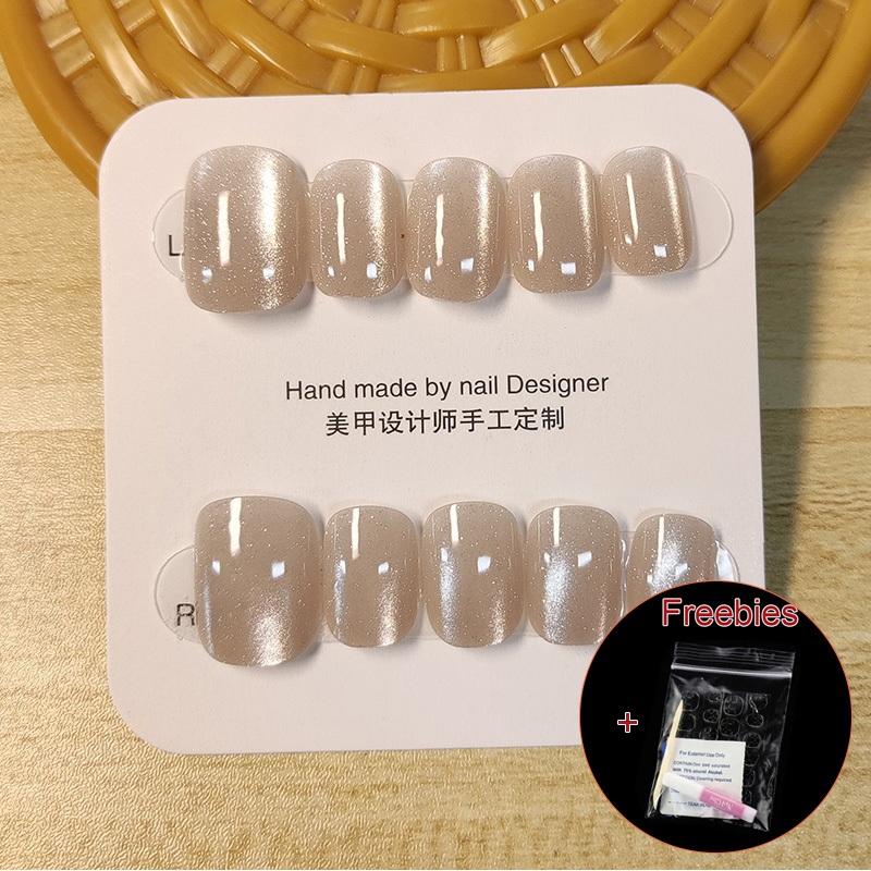 100% HANDMADE Square Round Fake Nail Set With Glue Art Champagne Nude Cat'S Eye Pure Color Short Colorful Laser Rainbow Cat'S Eye Nails Reusable