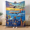 Aircraft Sunset City Print Flannel Blanket Lightweight for Sofa Camping Travel, Nice Gift for Family Friends