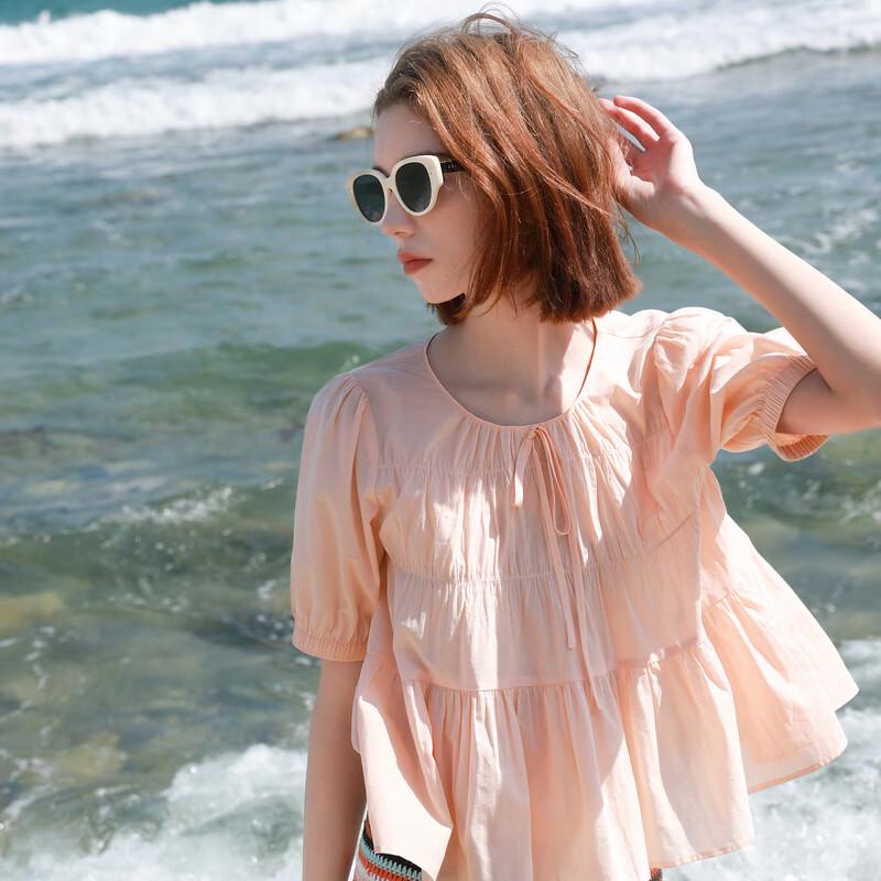 Women's 100% Cotton Solid Round Neck Puff Sleeve Short Doll Blouse