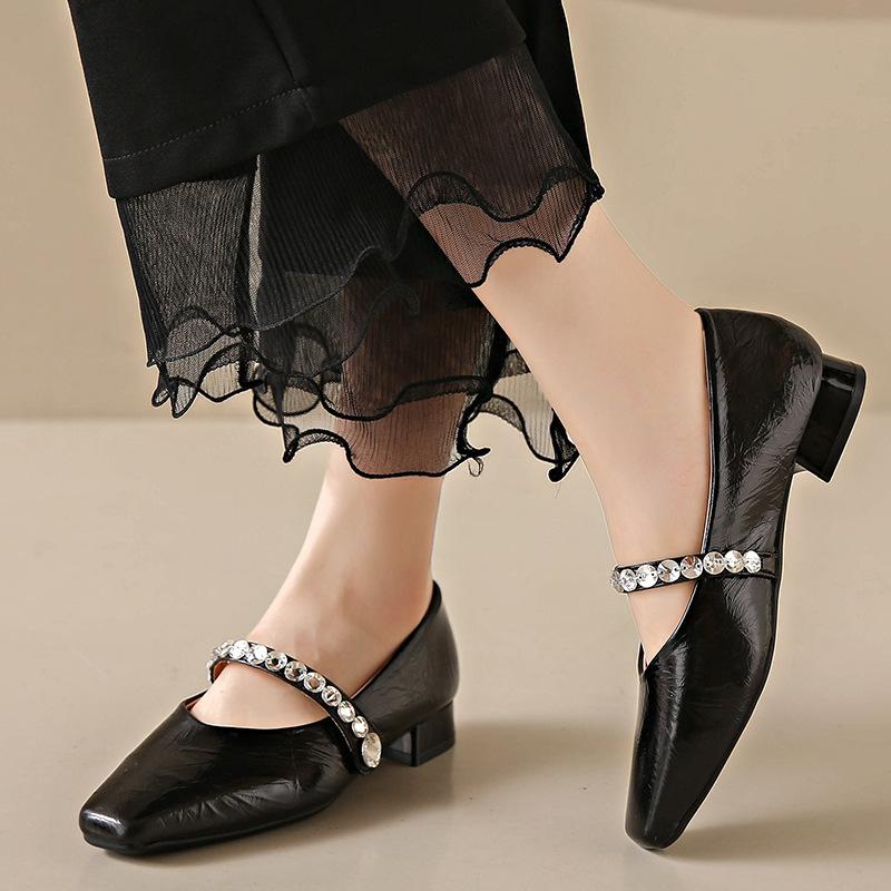 

French high-end small leather shoes for women s 2025 spring new rhinestone thick-heeled Mary Jane shoes, small fragrant soft-soled single shoes 35 чёрный