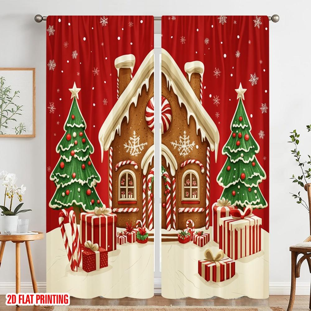 2pcs,2D Plane Printing Curtains Roller Blinds Gingerbread House Christmas Snowflakes Polyester (without Rod) Holiday for