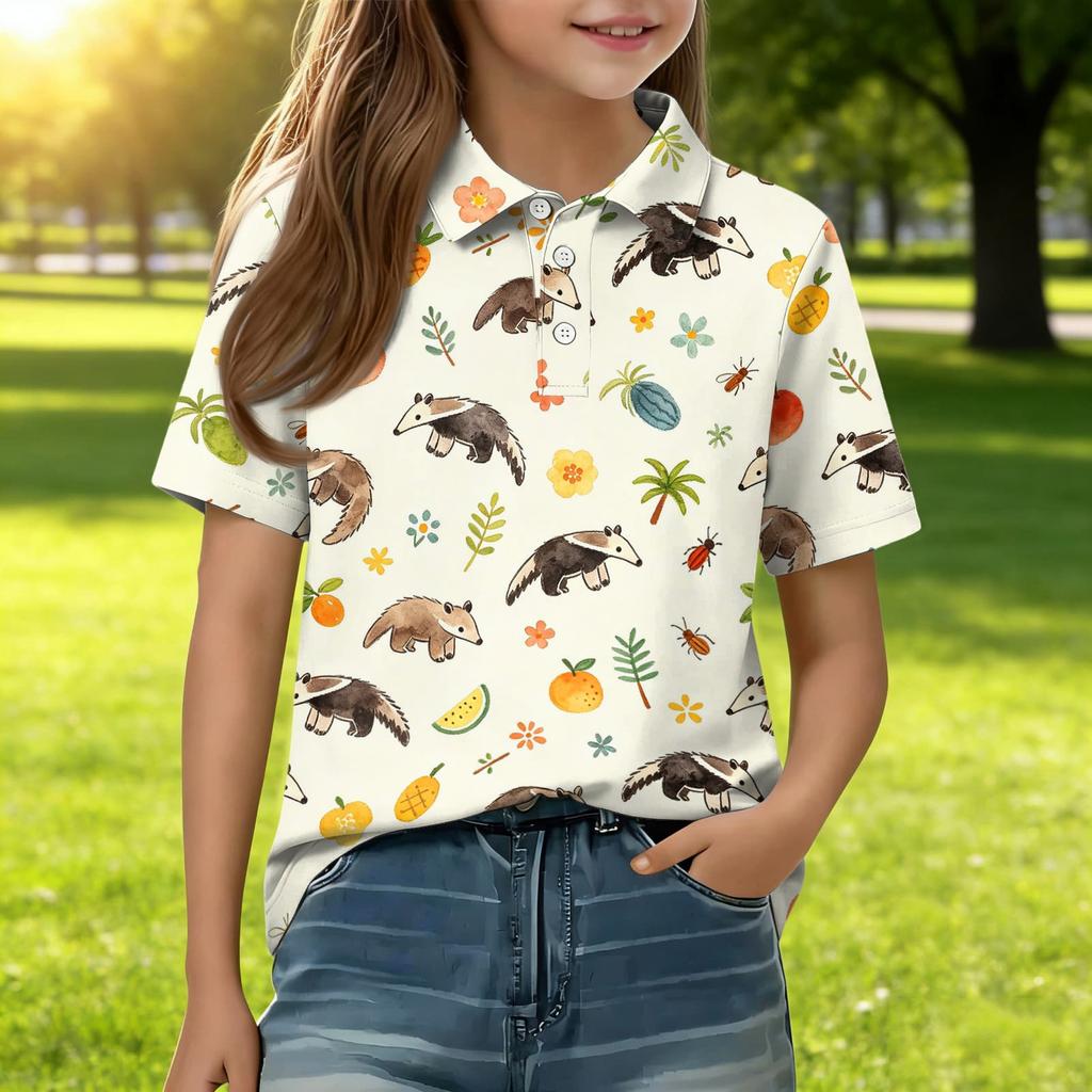 Kids Short Sleeve Polo Shirt Animal Print Casual Tee Button Down Collar Lightweight Summer Top for Boys Girls
