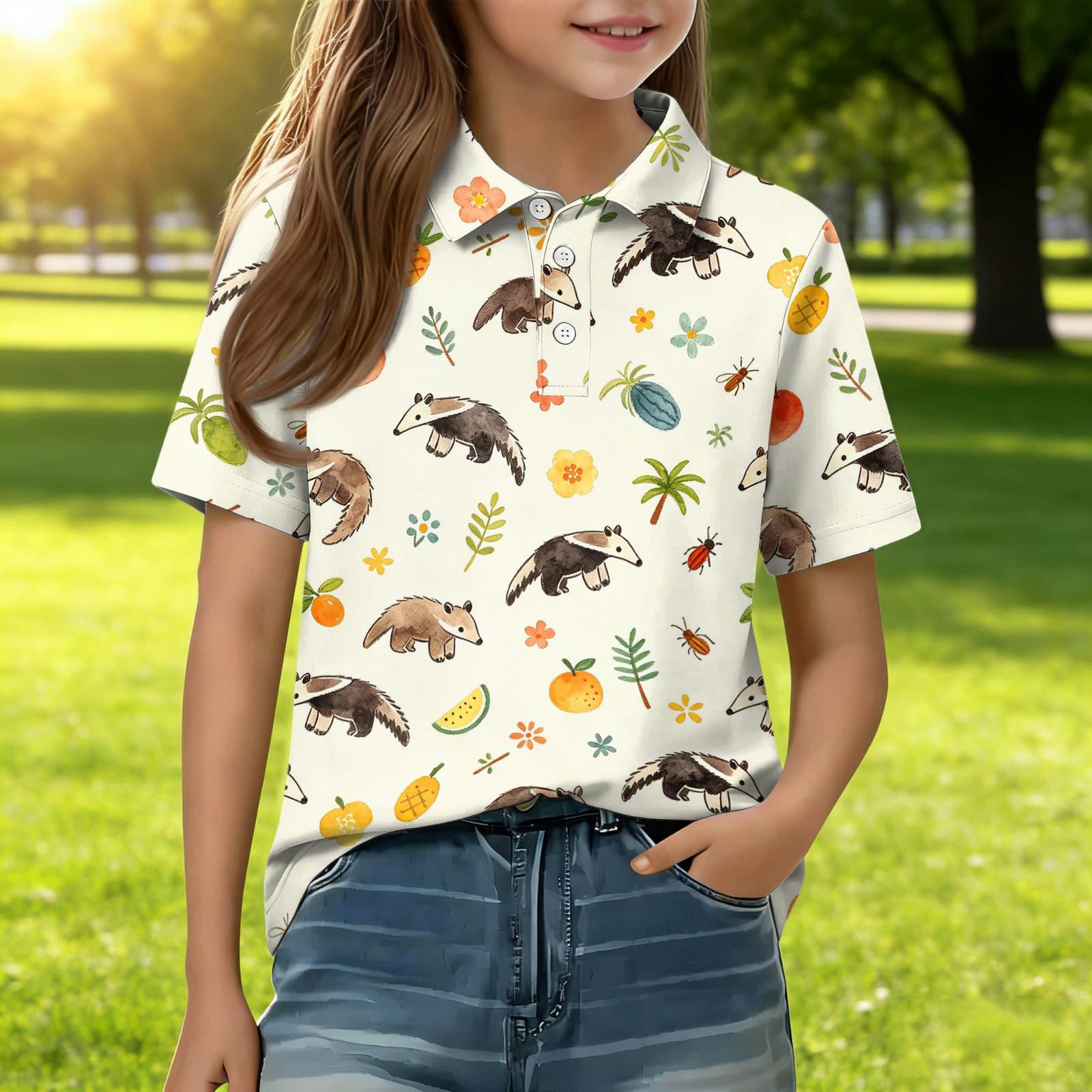 

Kids Short Sleeve Polo Shirt Animal Print Casual Tee Button Down Collar Lightweight Summer Top for Boys Girls 160 бежевый