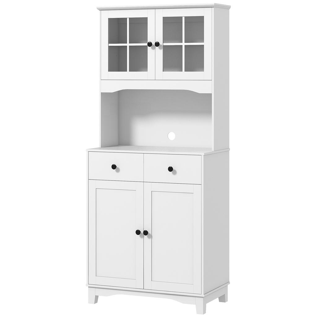 Freestanding Kitchen Storage Cabinet with Worktop, Glass Doors, White
