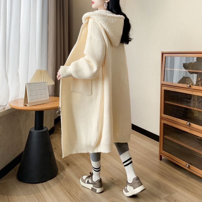 

Осеннее женское высококачественное свободное длинное пальто, женский цветной блокирующий поддельный двухсекционный вязаный кардиган с капюшоном XL бежевый