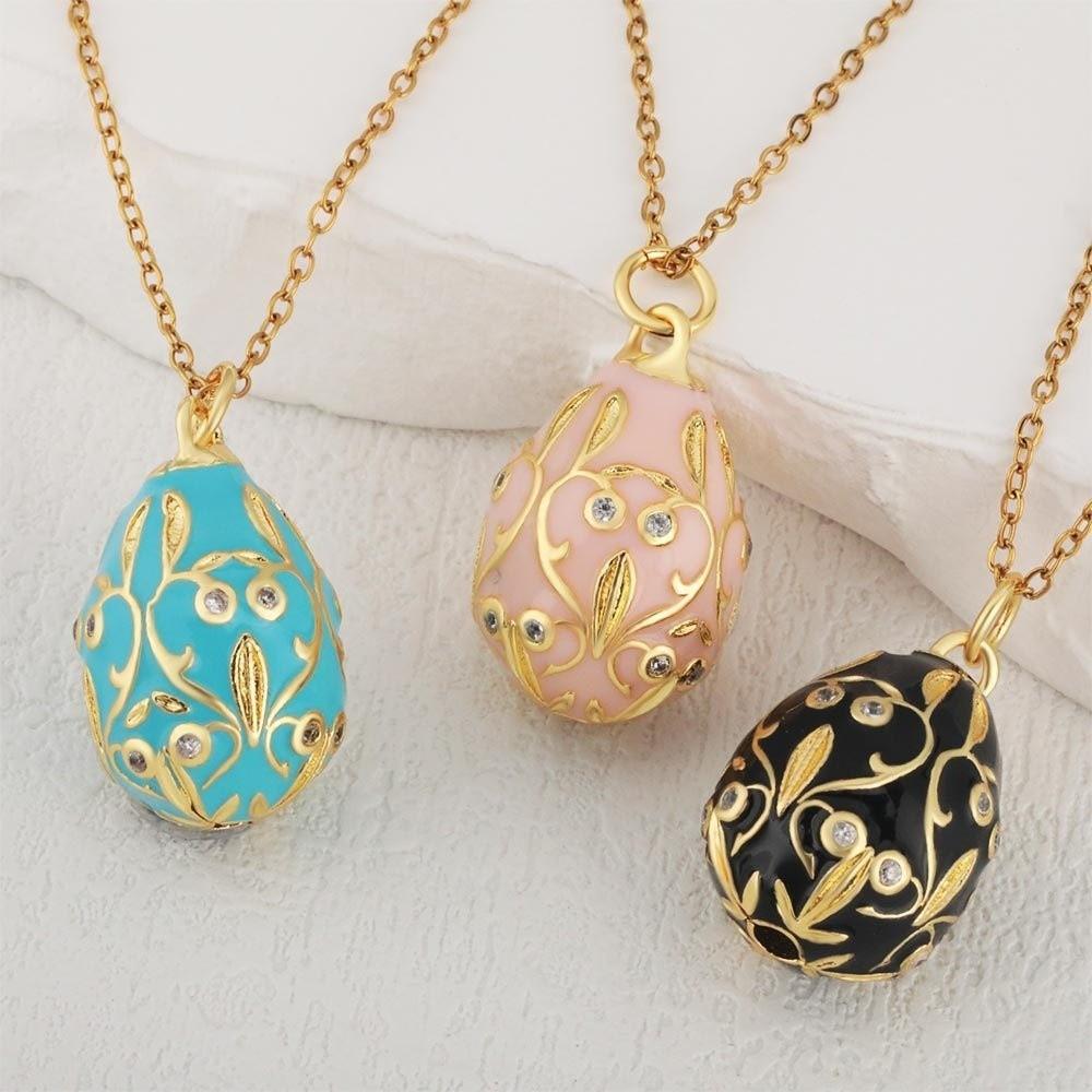 Chic Copper Colorful Enamel Pendant Jewelry Accessories Oval Easter Egg Crystal Pendant Charms Flower Necklace Pendant Women