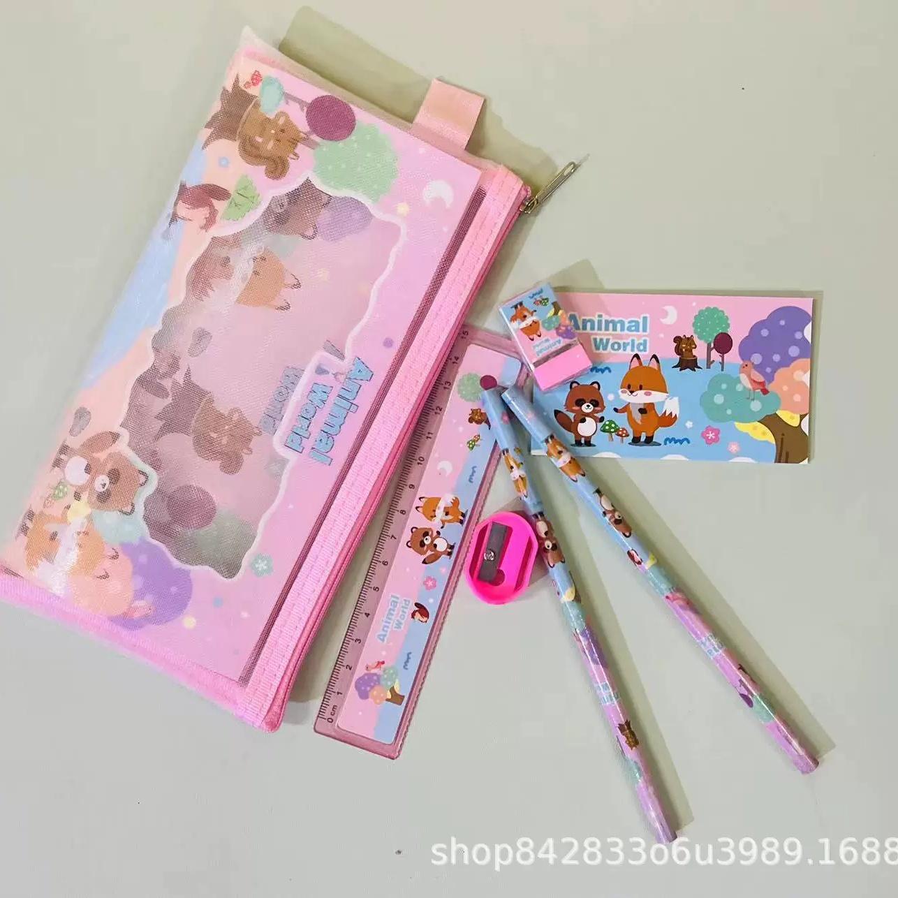

7Pcs Cartoon Stationery Set Gift Pencil,Eraser,Pencil Sharpener,Ruler,Memo Pad,Pencil Case Storage Bag Back To School Gifts