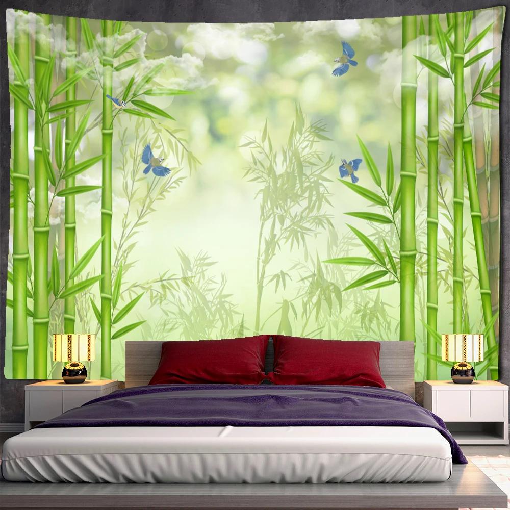 Psychedelischer Bohème-Stil TV-Hintergrund Zuhause Bambuswald Vogel Landschaftsmalerei Wandteppich Wandbehang