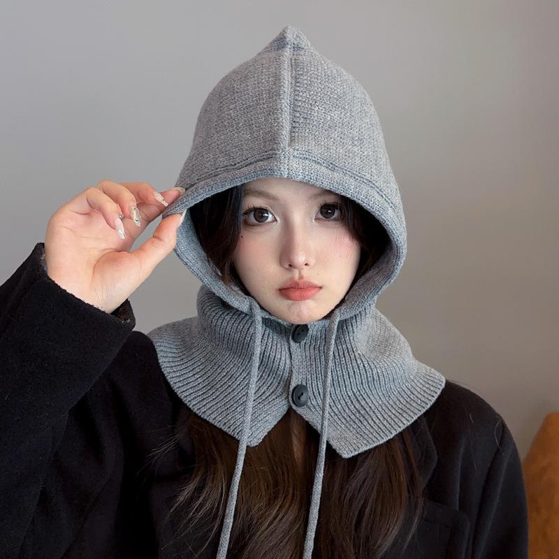 Korean balaclava hat for women, winter warm hat with integrated neck warmer, couple's style, ear protection, knitted wool hat