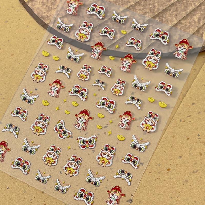 Cute Horse Bowknot Pony Nail Art Sticker Cartoon Lion Dance Manicure Decal New Year DIY Nail Art Decoration
