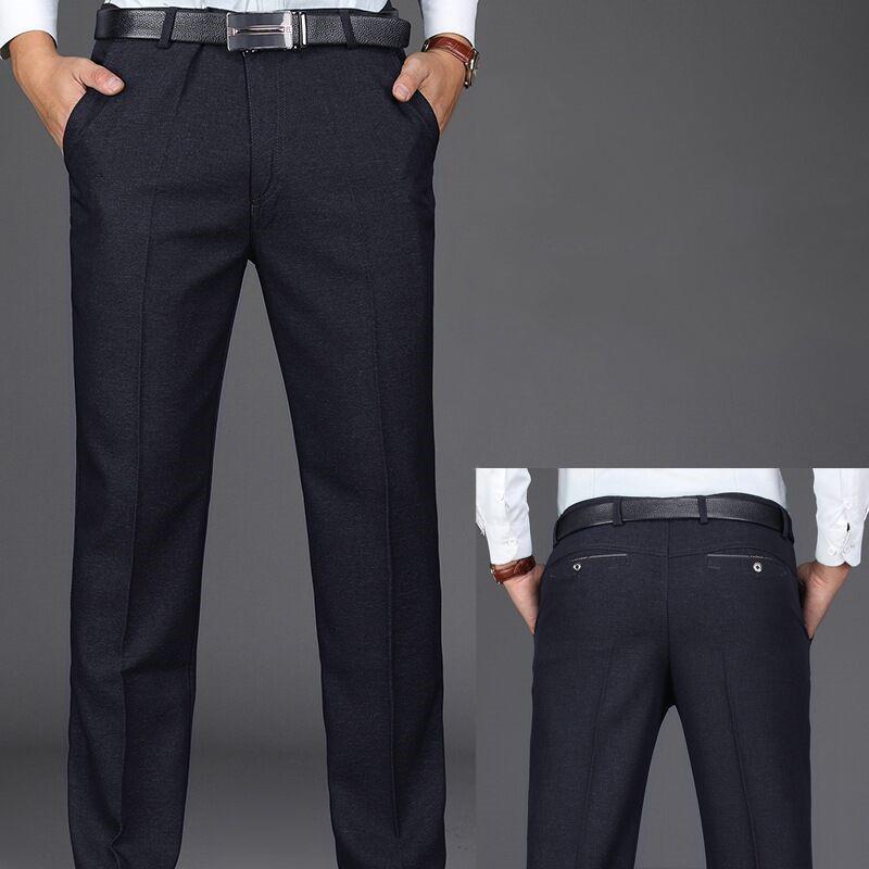 Men's Fleece-Lined Straight-Leg Dress Pants for Autumn & Winter - Casual, Loose, Thickened Style for Middle-Aged & Elderly.