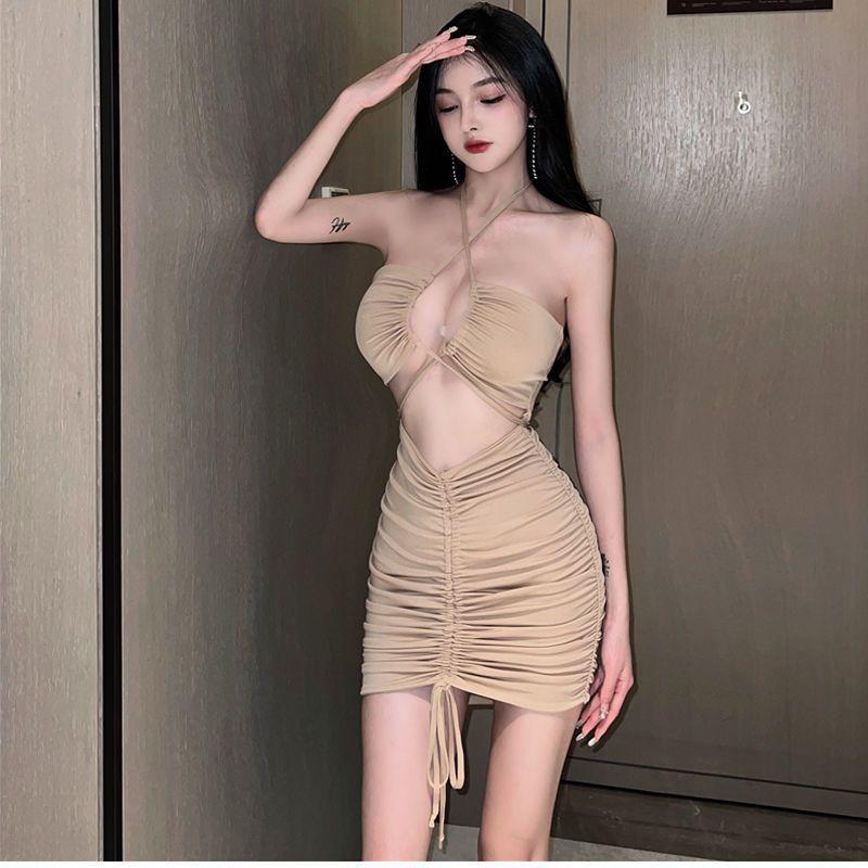 

Европейский и американский стиль Платье-мини с вырезом халтер, кулиской, оборками на бедрах, 2022, осень, на бретелях, с открытой спиной, сексуальное, с темпераментом Picture Color S