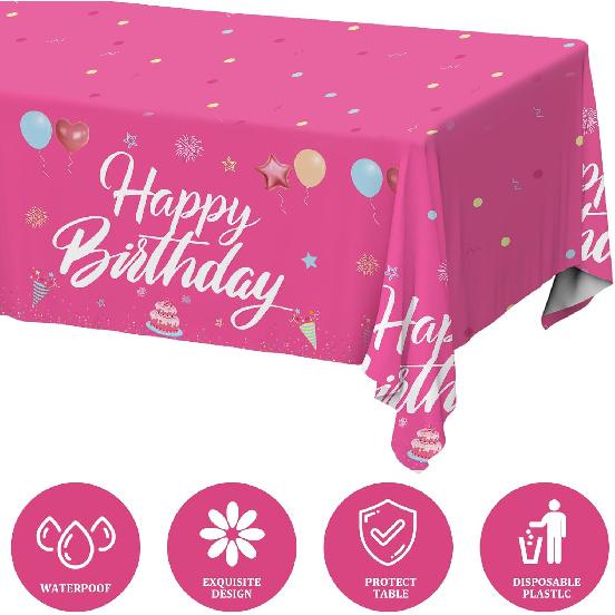 Happy Birthday Tablecloth Decorations 108 x 54 Inch for Women Girls, 2Pcs Disposable Plastic Birthday TableCovers Party Supplies, Hot Pink Waterproof