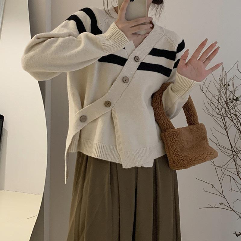 

Осенне-зимний женский свитер, короткий полосатый свитер с v-образным вырезом, шикарный вязаный кардиган с длинными рукавами One Size абрикосовый