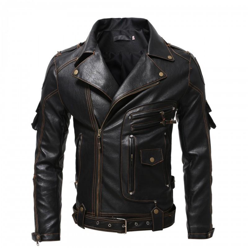 Mens PU Leather Biker Jacket With Multiple Pockets Casual Motorcycle Riding Coat Winter