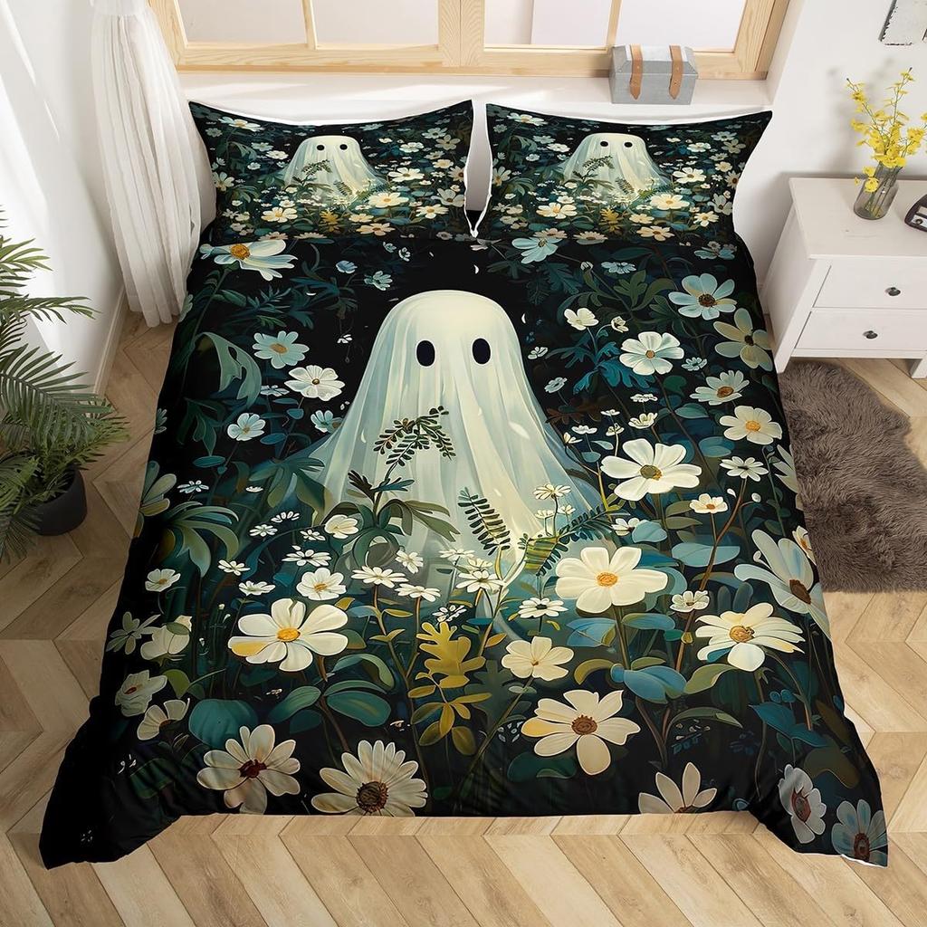 Cute Floral Ghost Duvet Cover Twin King For Boys Girls Room Decor Halloween Theme Bedding Set Boho Flower Print Comforter Cover