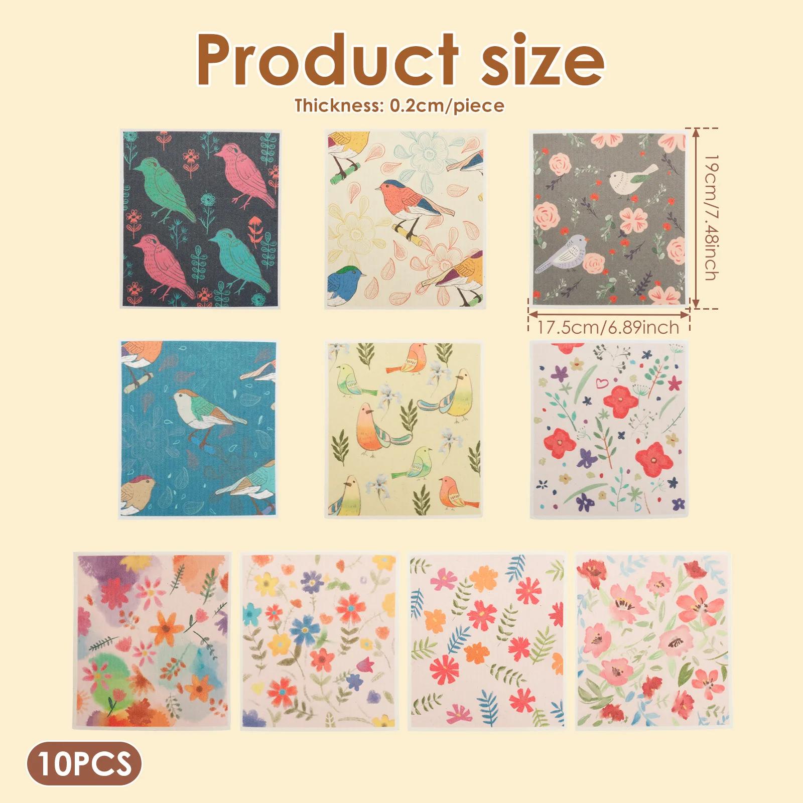 

10/12Pcs Swedish Dishcloth Set For kitchen Reusable Absorbent Dish Towel Flower Bird Pattern household Kitchen Cleaning Cloth