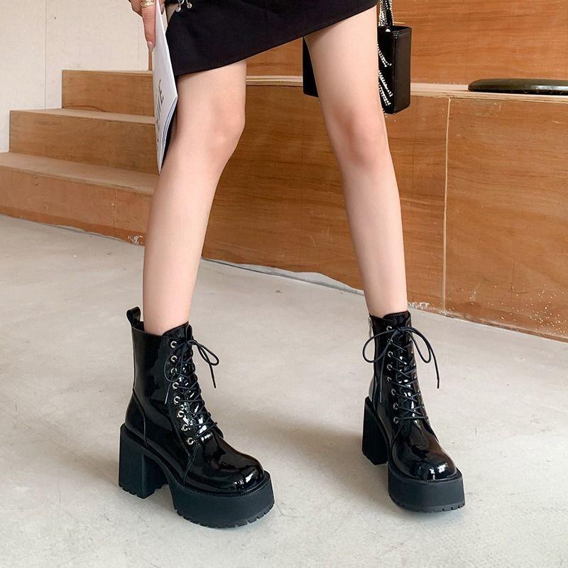 Round head thick heel lace-up Martin boots women's high heel waterproof platform platform platform short boots small retro soft leather boots women
