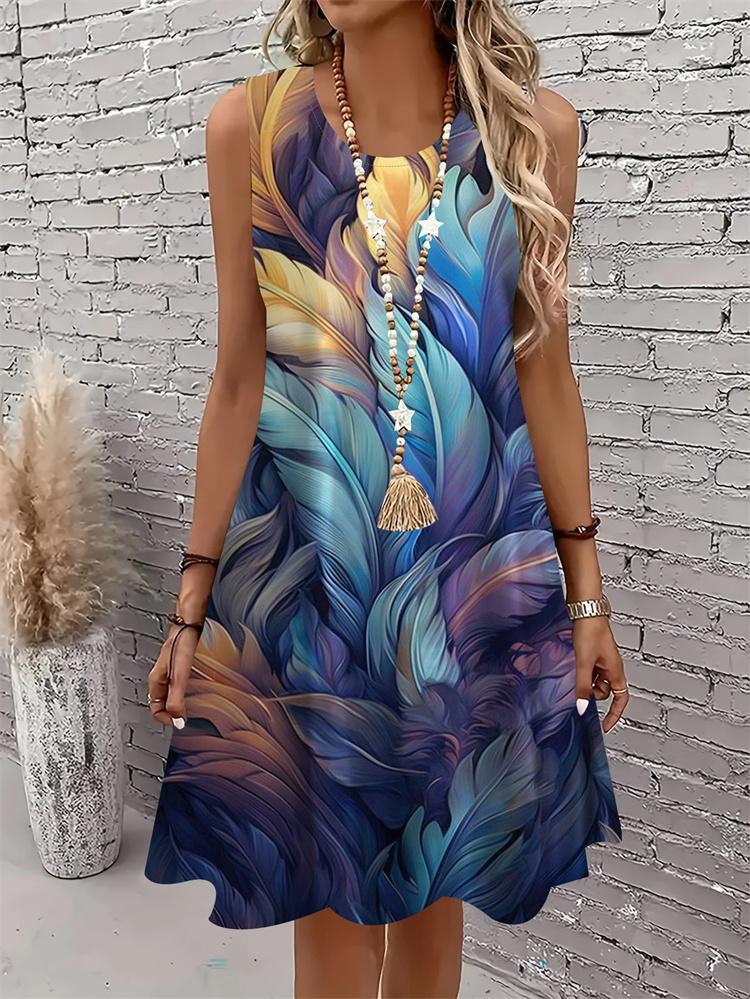 Lässiges Damen Tanktop-Kleid Sommer Ärmellos O-Ausschnitt 3D-Druck Locker A-Linien-Kleid Strand-Westenkleid