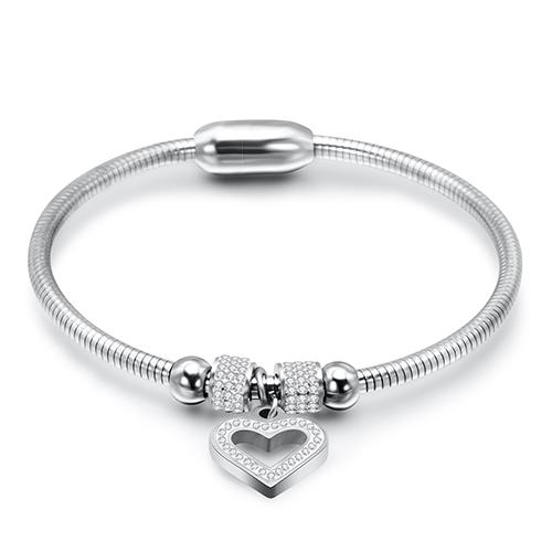 New Style Heart Crystal Charm Bracelet Bangles Magnet Clasp with Snake Chain 316L Stainless Steel Women Wedding Jewelry